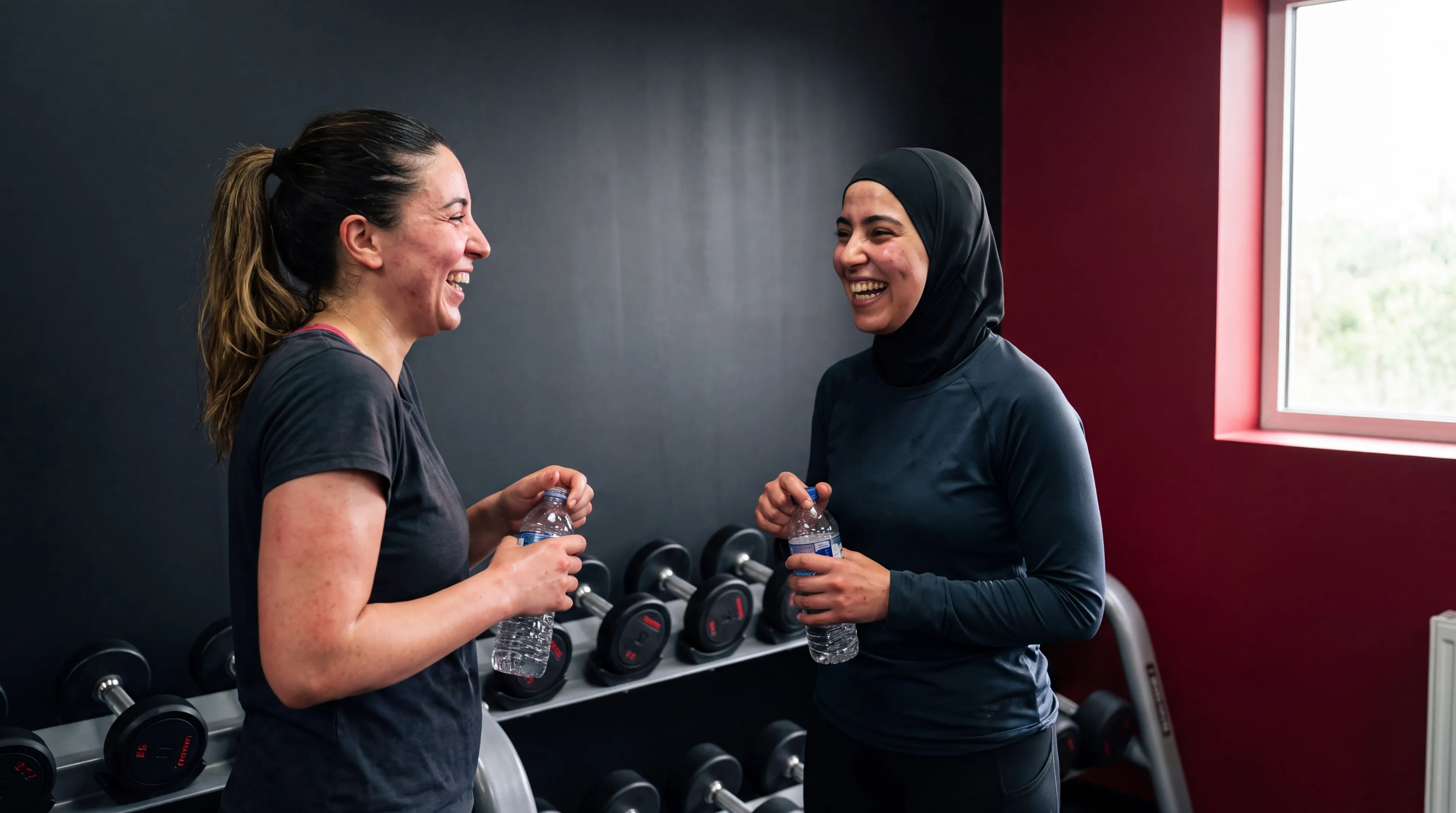Femme réalisant un exercice avec des haltères dans une salle de sport lumineuse
