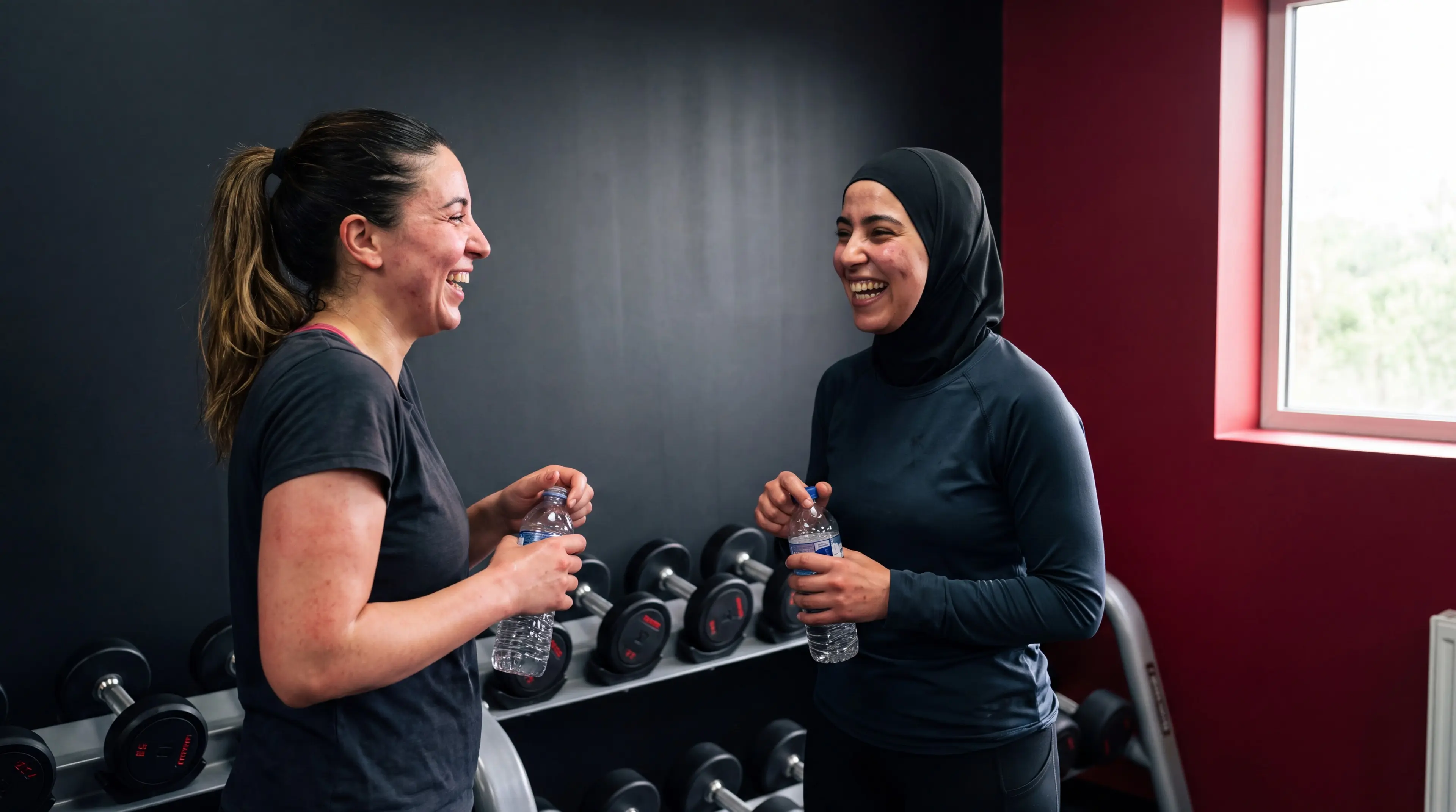 Femme réalisant un exercice avec des haltères dans une salle de sport lumineuse