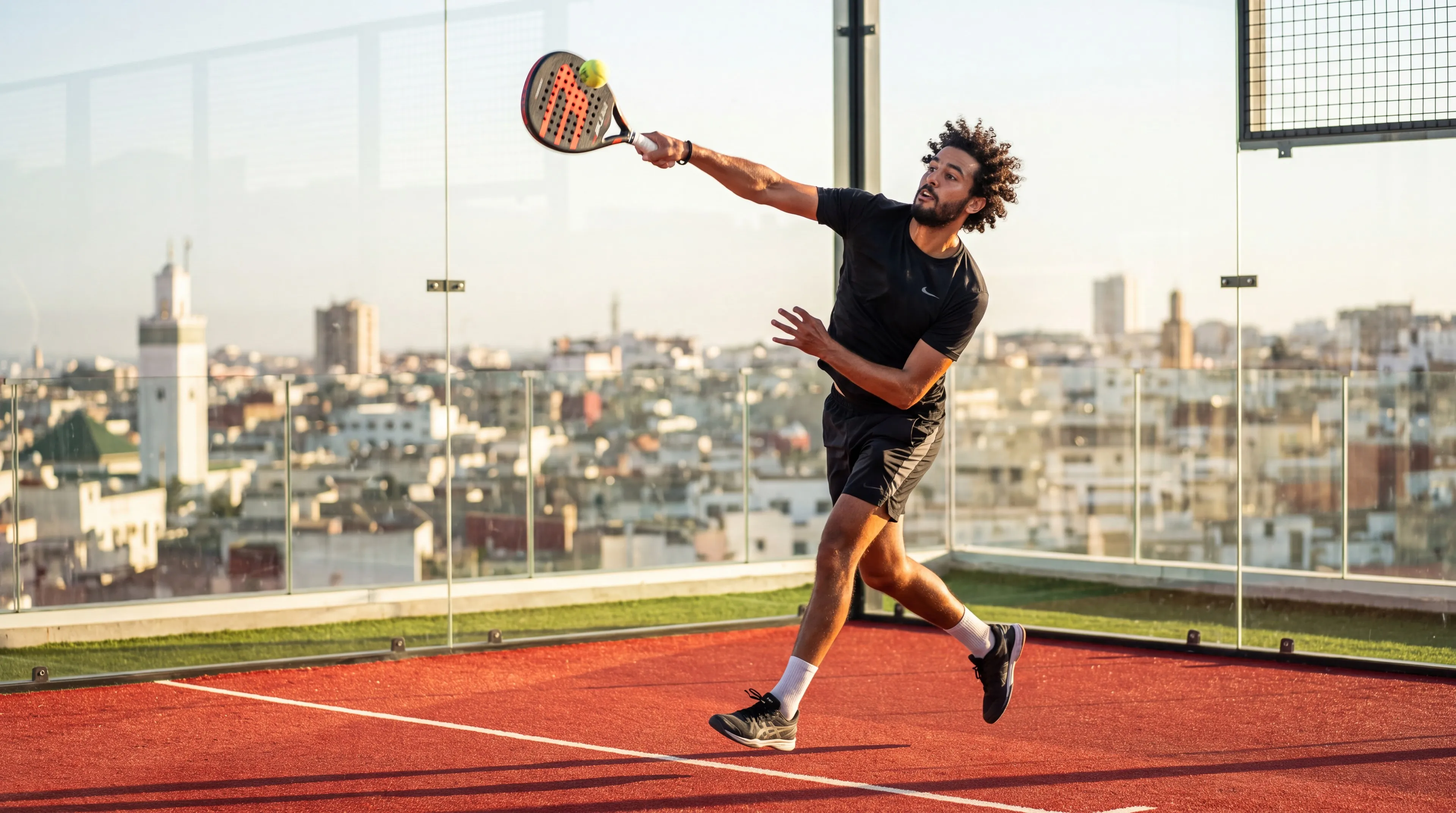 Joueurs de padel en double sur un court entouré de parois vitrées