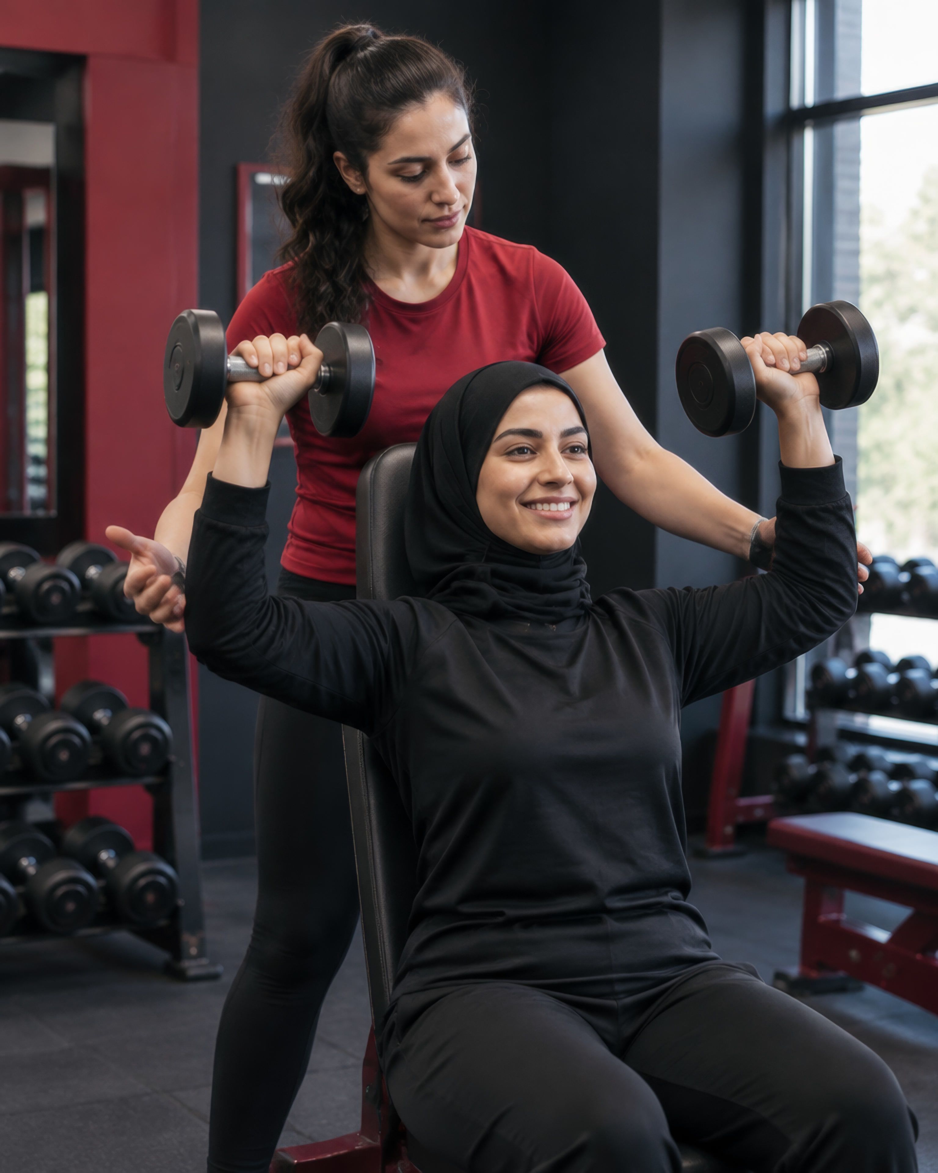 Coach femme accompagnant une adhérente à la Lady Zone